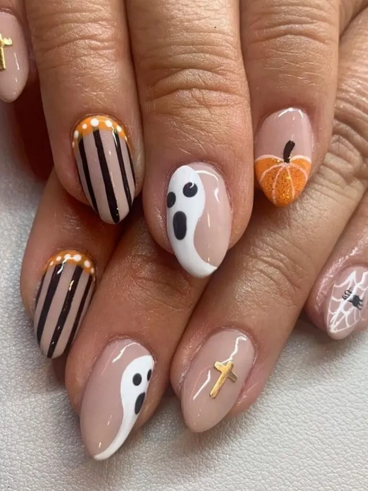 simple halloween nails ghost nails and pumpkin french tip