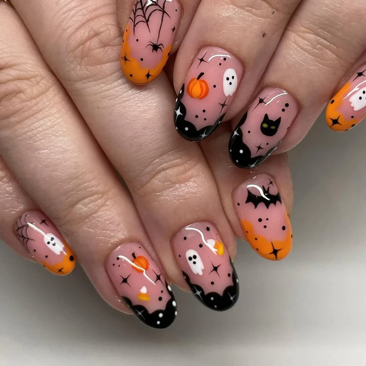 unique halloween french tip nails 2023 pumpkins ghosts bats cobwebs