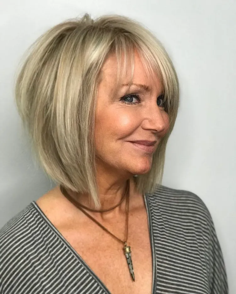 a line layered bob wispy bangs short hairstyles women over 50 trends 2023