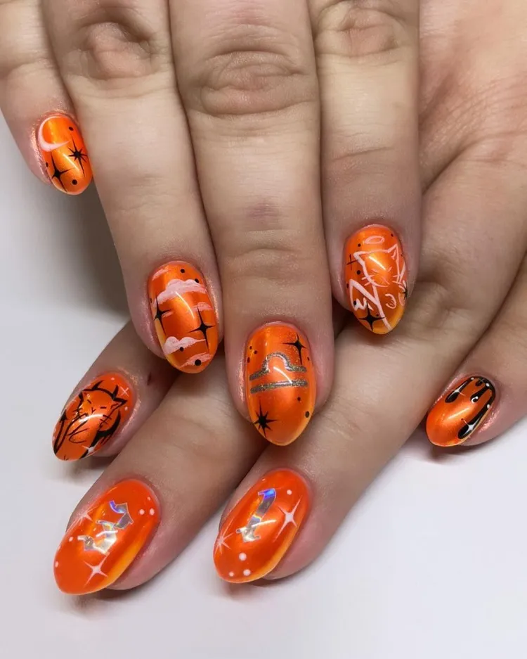 abstract decorations orange chrome halloween nails libra season manicure 2023