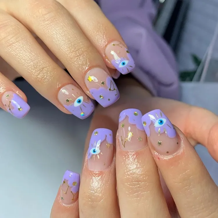 abstract purple french tips celestial nails libra season gold decorations