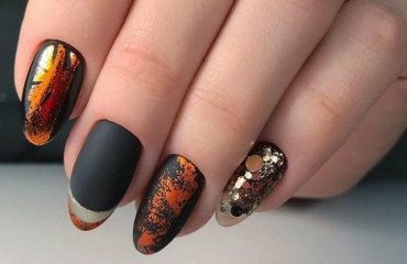 abstract short oval nails fall 2023 black matter copper metallic leaf gold glitter