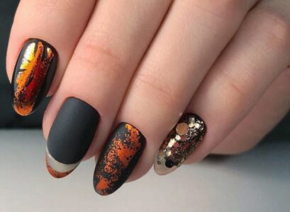 abstract short oval nails fall 2023 black matter copper metallic leaf gold glitter
