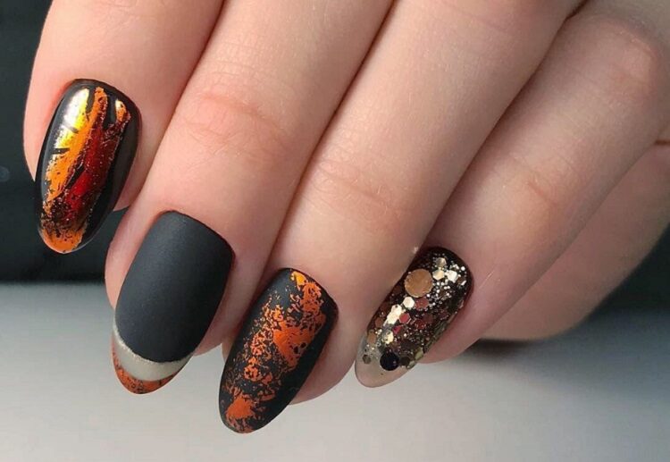 abstract short oval nails fall 2023 black matter copper metallic leaf gold glitter