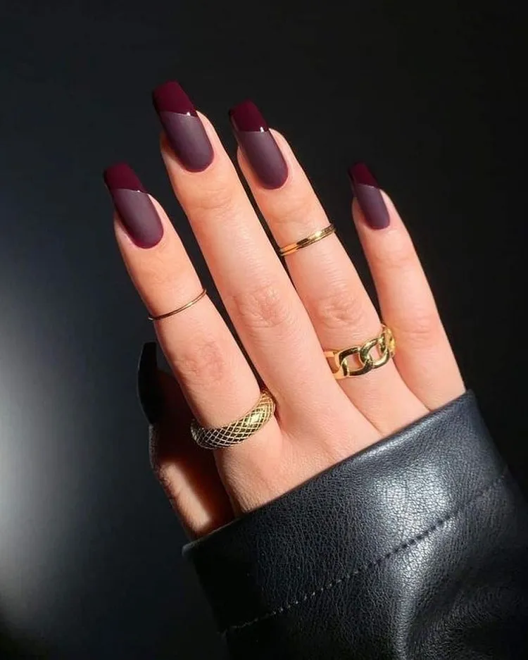 angled burgundy french tips manicure half matte half gloss simple fall nails 2023