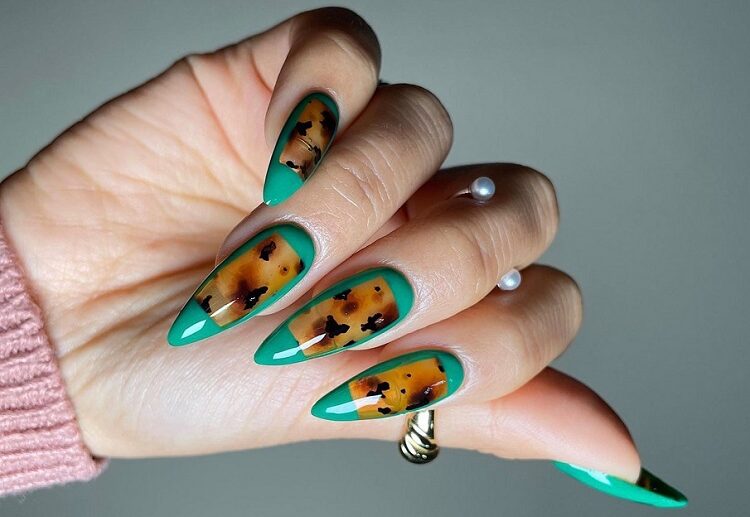 animal print fall nails with green and brown