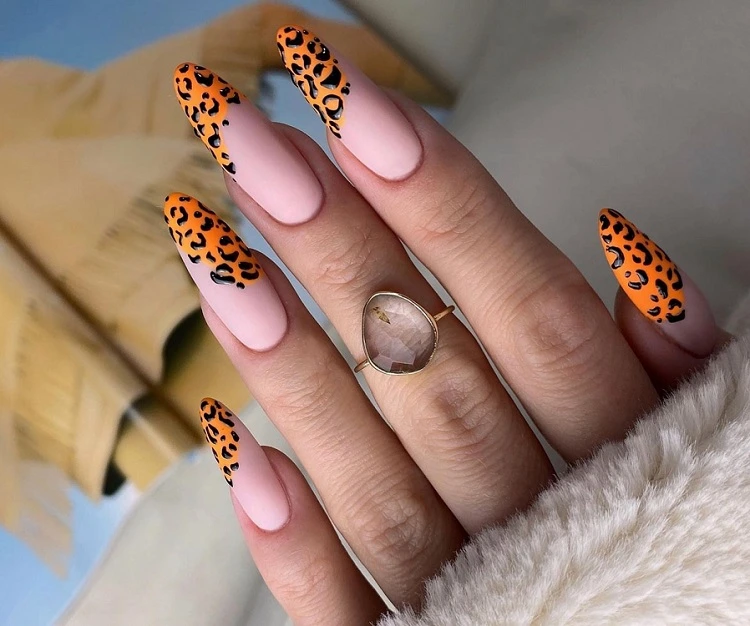 animal print nails leopard orange and black almond shaped