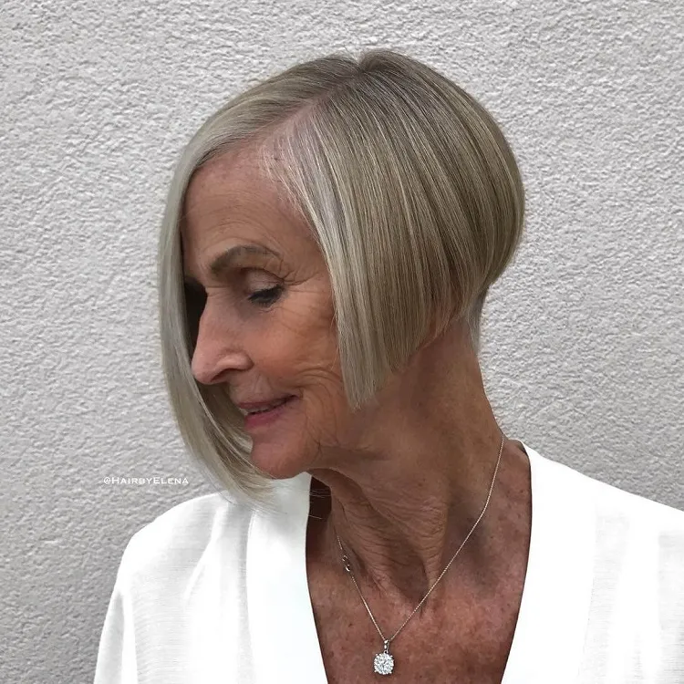 asymmetrical bixie haircut salt and pepper wash and wear women over 60