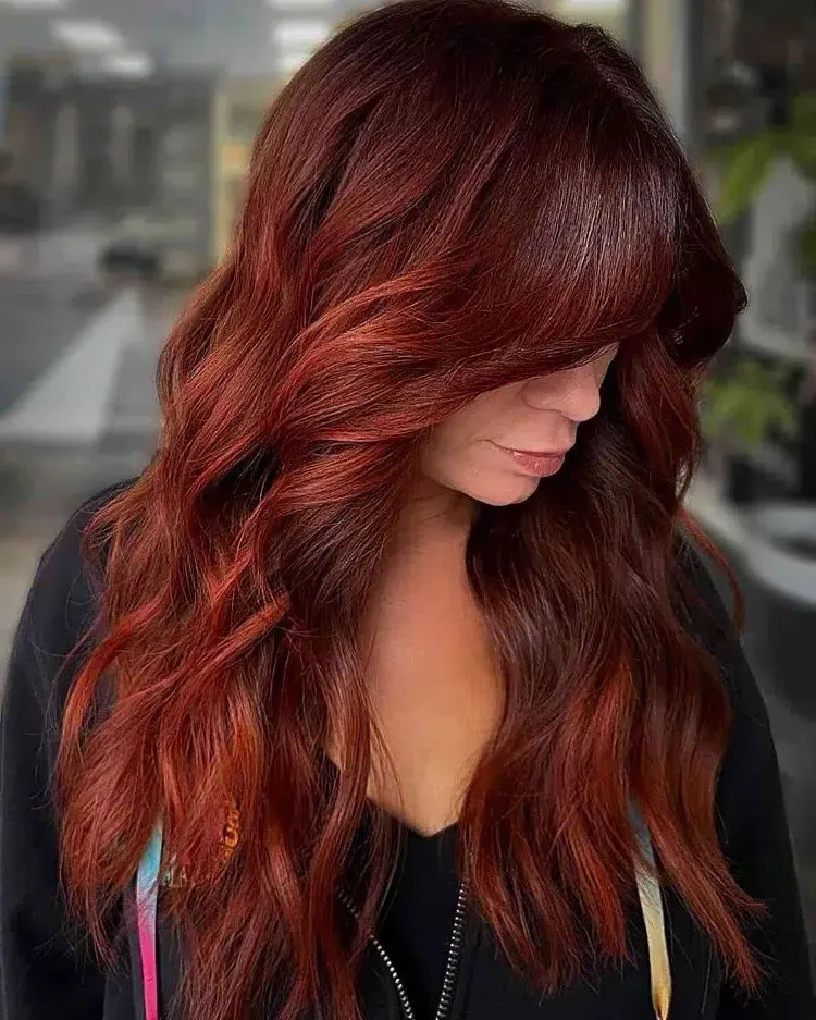 balayage red copper dark light mahogany cherry honey venetian trendy cut hairstyle woman bangs