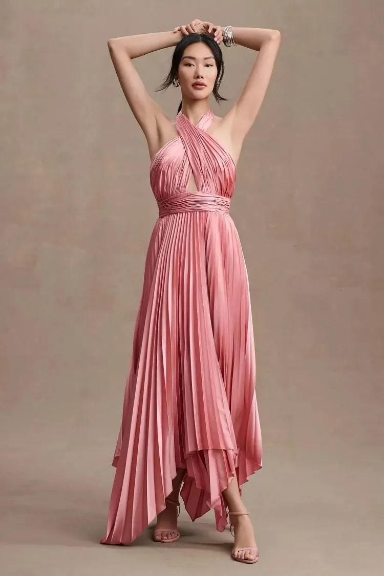 beautiful halter neck pink pleated long fall wedding guest dress