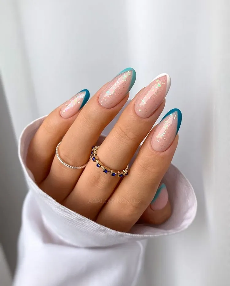 best glitter french nails 2023 blue and white tips
