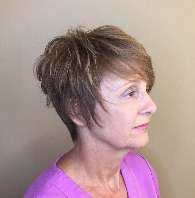 bixie haircut with wispy layers and bangs for thin hair over 60