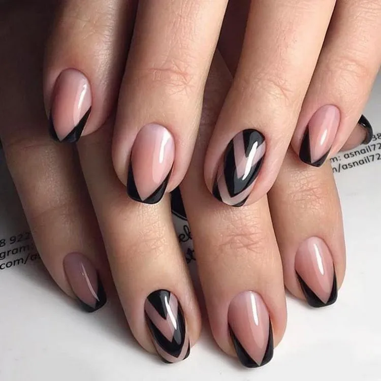 black v french tip nails and geometric nail art