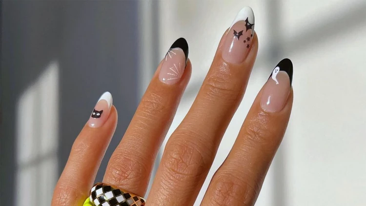 black and white french halloween nail art