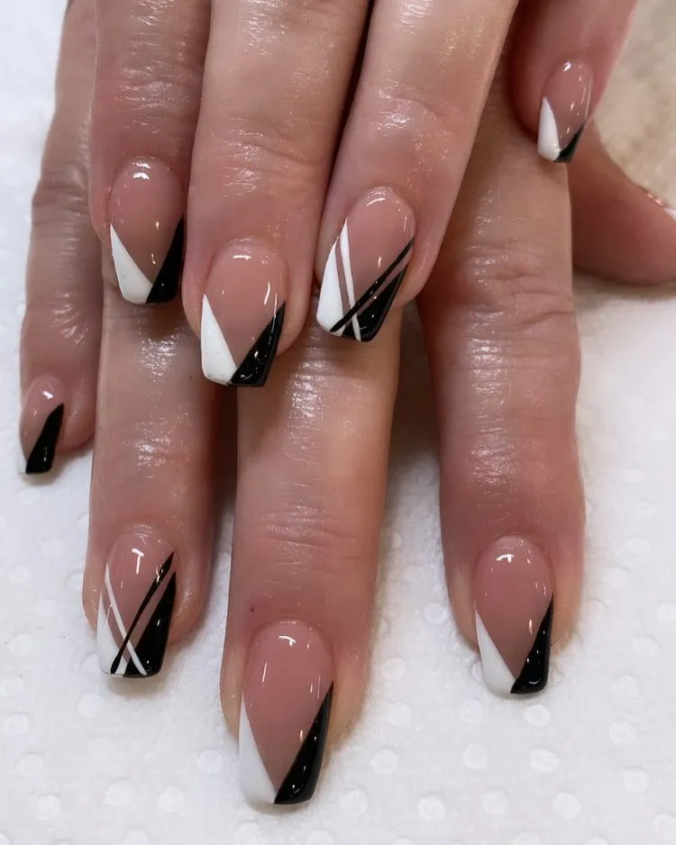 black and white french tip nails geometric nail art 2023