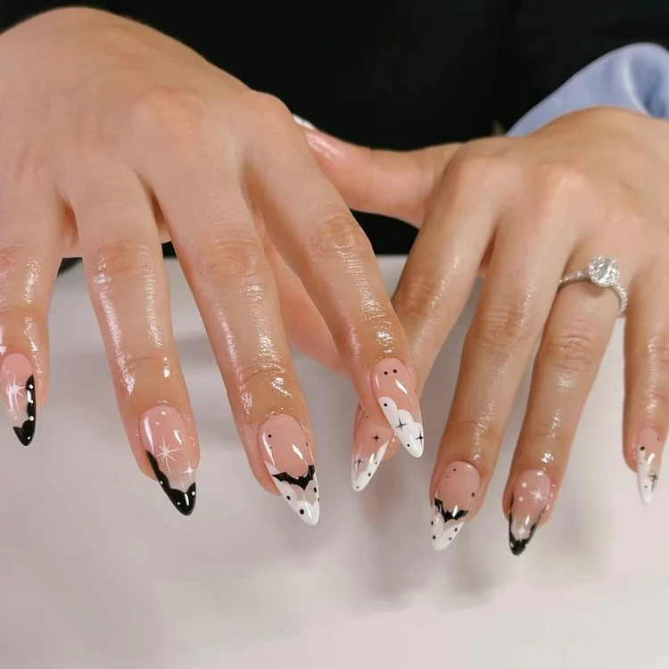 black and white halloween nails french tips decor ideas