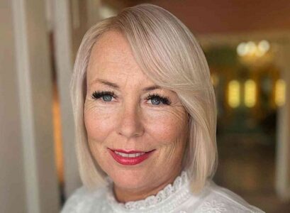 blonde bob with side swept bangs for women over 60 with thin hair wash and wear haircut