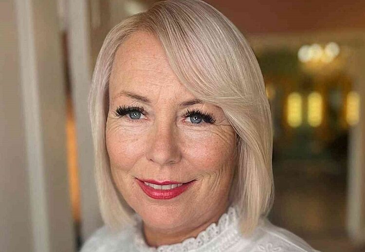 blonde bob with side swept bangs for women over 60 with thin hair wash and wear haircut