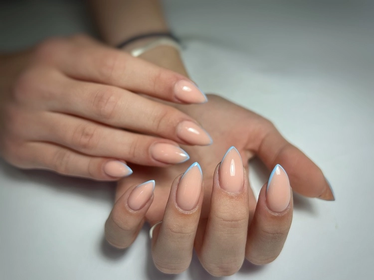 blue baby french manicure micro nails almond shaped