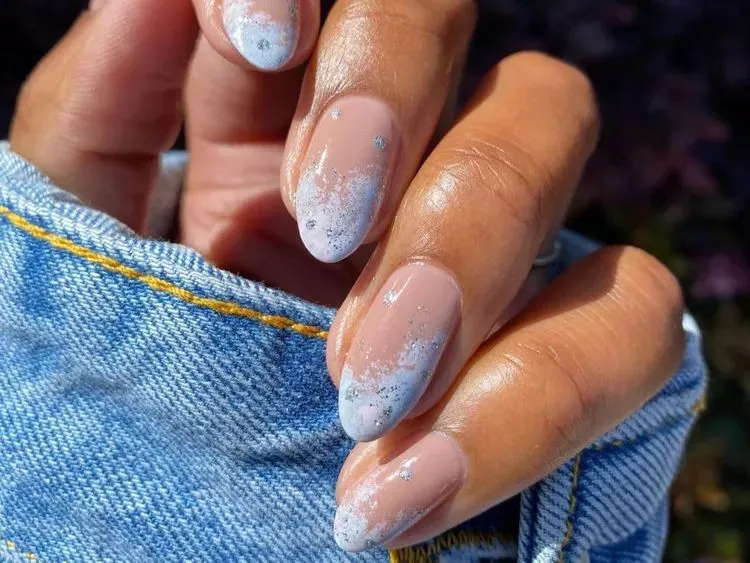 blue sparkly french tip nails 2023