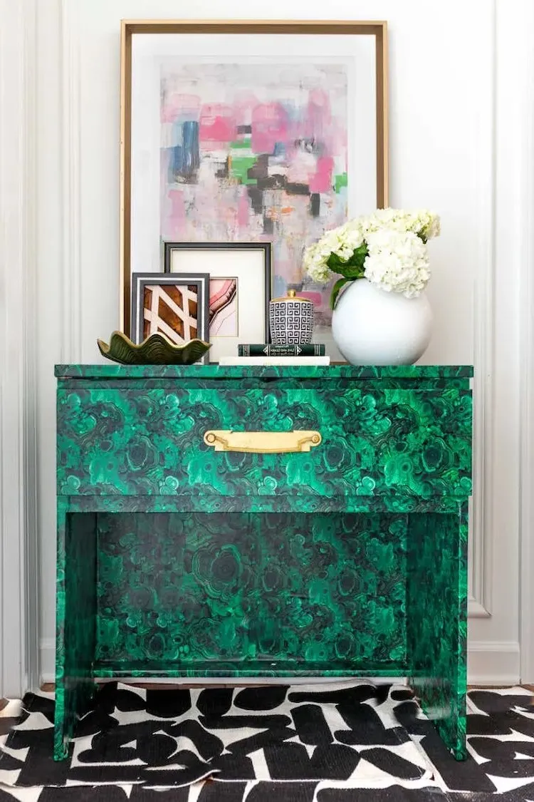breathe new life into an old painted commode of ikea and make it look like malachite gemstone