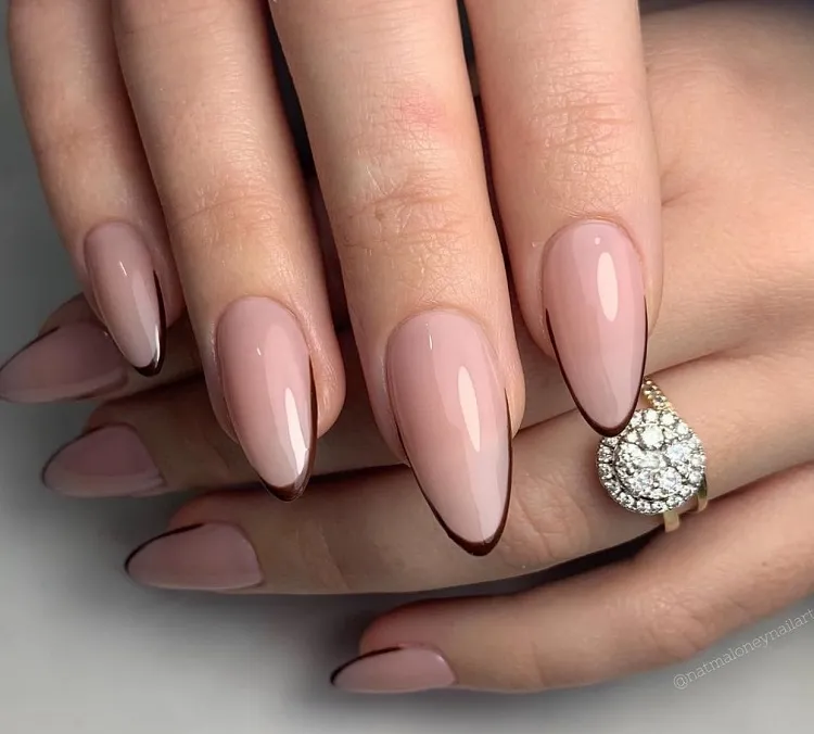 brown baby french manicure almond shaped