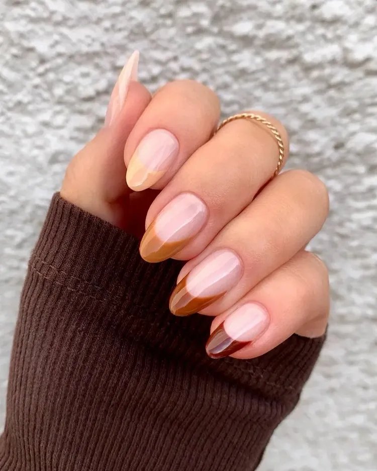brown gradient mismatched simple oval fall nails 2023