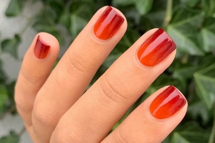 burnt orange burgundy ombre simple short fall nails 2023