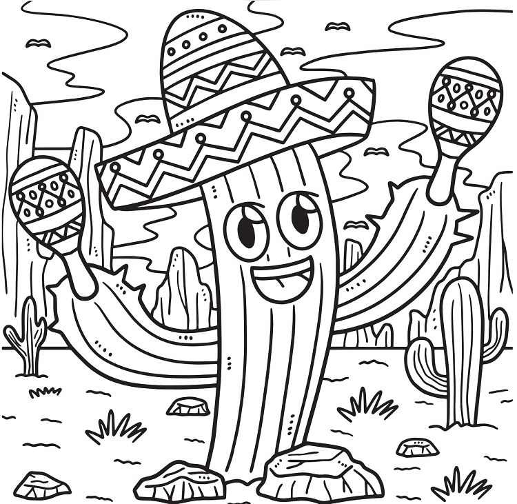 cactus with maracas sombrero desert free kids coloring page