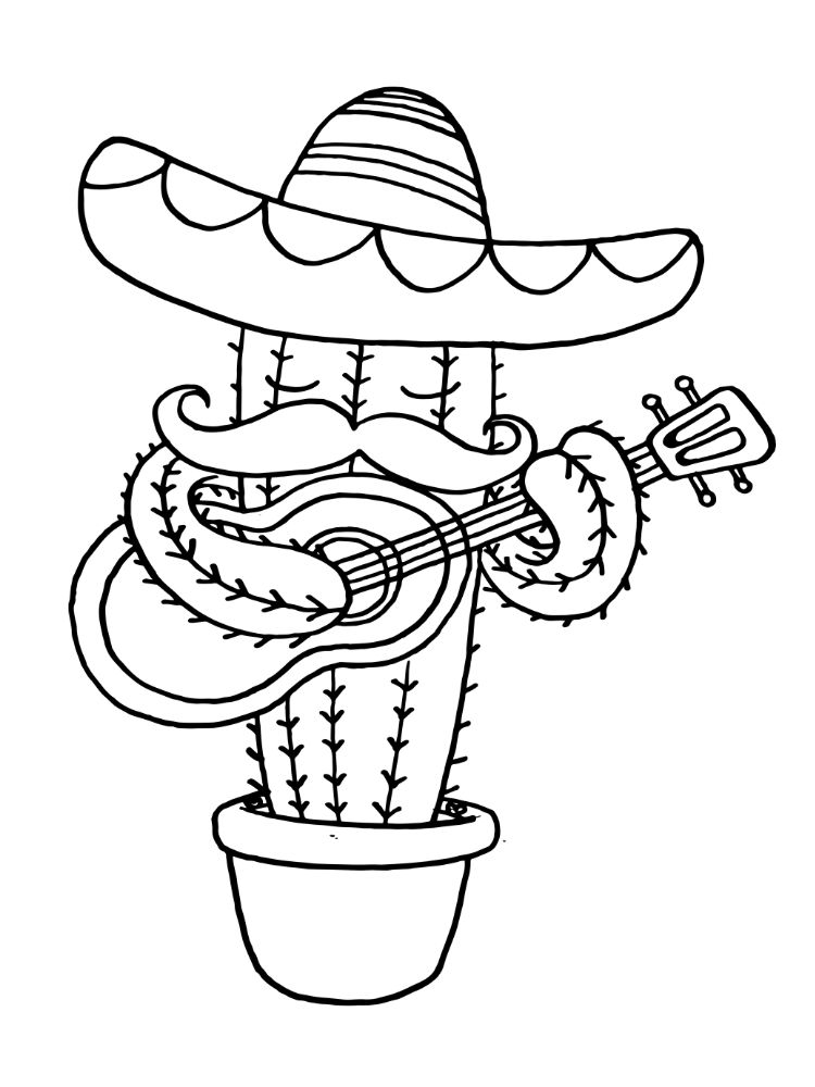 cactus with moustache and sombrero playing spanish guitar kids coloring page hispanic heritage month