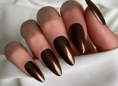 chocolate brown chrome nails long almond manicure autumn 2023