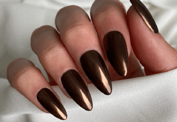 chocolate brown chrome nails long almond manicure autumn 2023