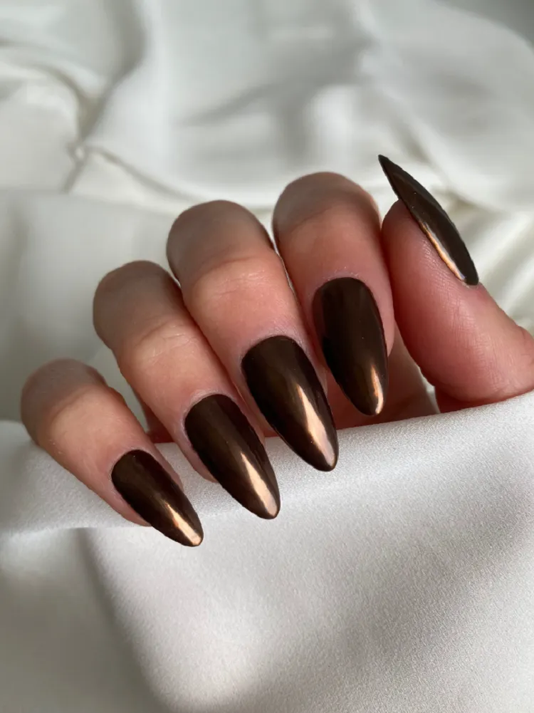 chocolate brown chrome nails long almond manicure autumn 2023
