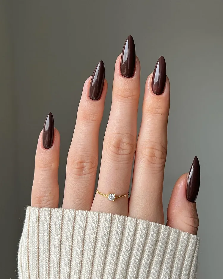 chocolate brown long stiletto nails october trends 2023
