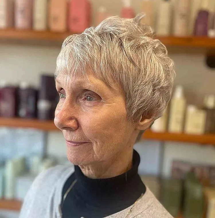 choppy pixie cut with bangs and layers for 60 with thin hair