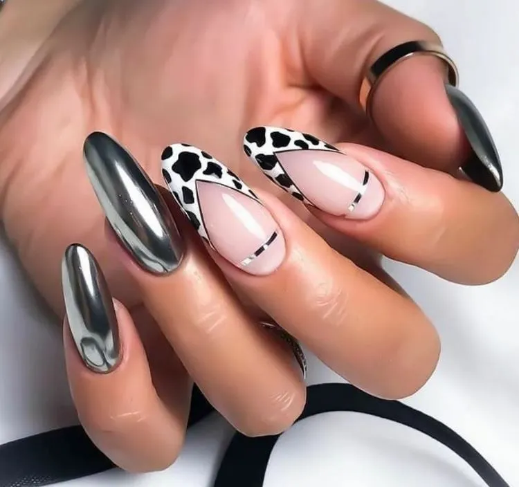 chrome french nails with animal print