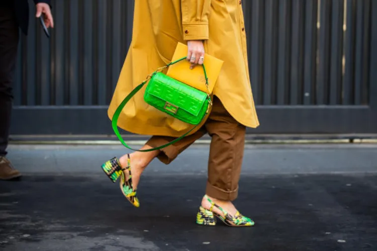color picking color bag matching neon green fendi baguette vibrant floral pattern pumps