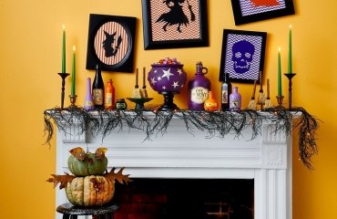 colorful fall halloween mantel decoration witch inspired