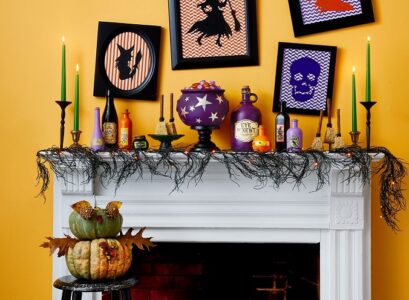 colorful fall halloween mantel decoration witch inspired