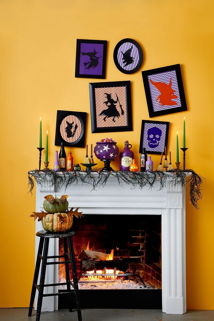 colorful fall halloween mantel decoration witch inspired