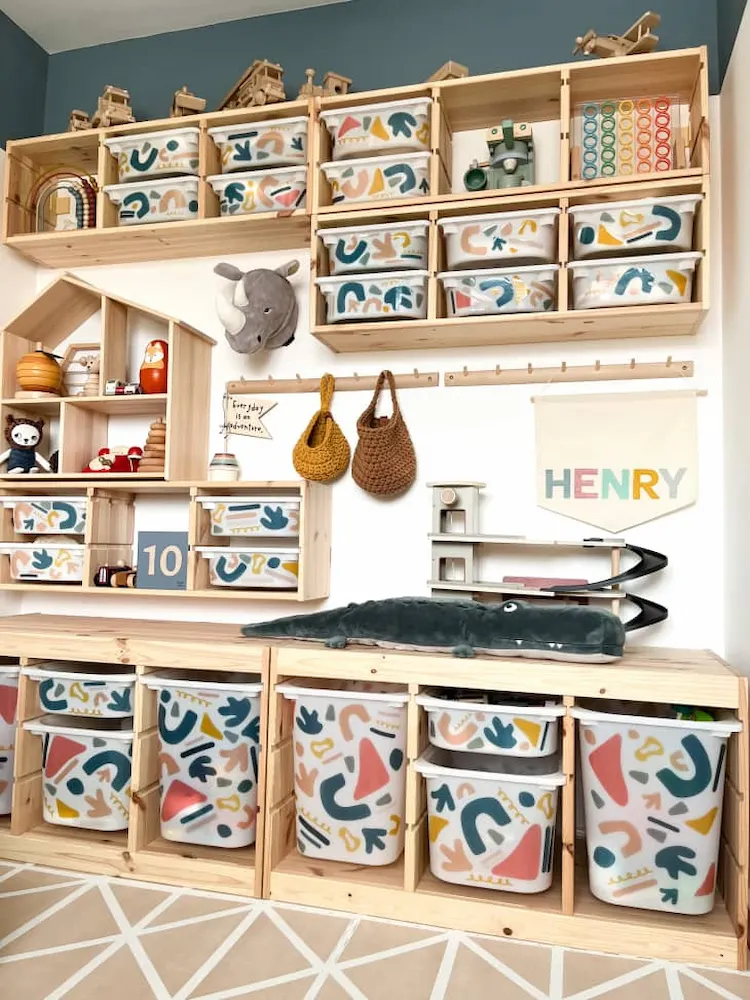 colourful and flashy stickers or paintings on storage system as ikea hack attach and decorate