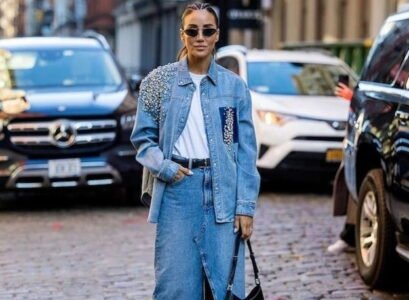 combining denim skirts in autumn 2023 fall outfits with denim skirts