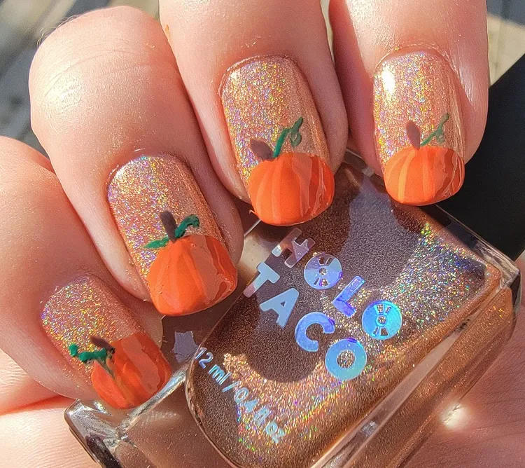 cute autumn nails with pumpkin art