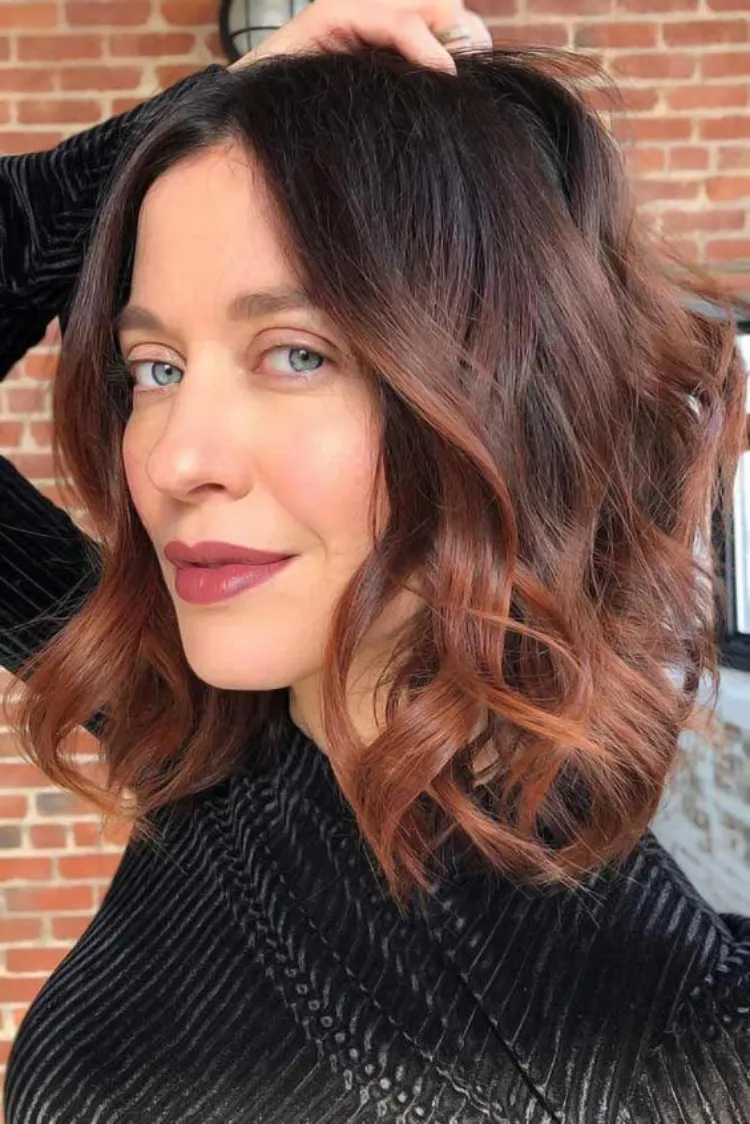 dark brown copper ombre highlights long bob best color thinning hair ideas brunettes