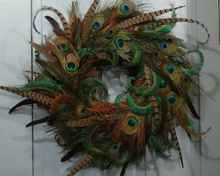 decoration idea with peacock feathers wreath door autumn make by yourself