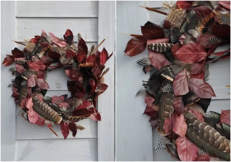 decoration with feathers make wreath autumnal leaf holder