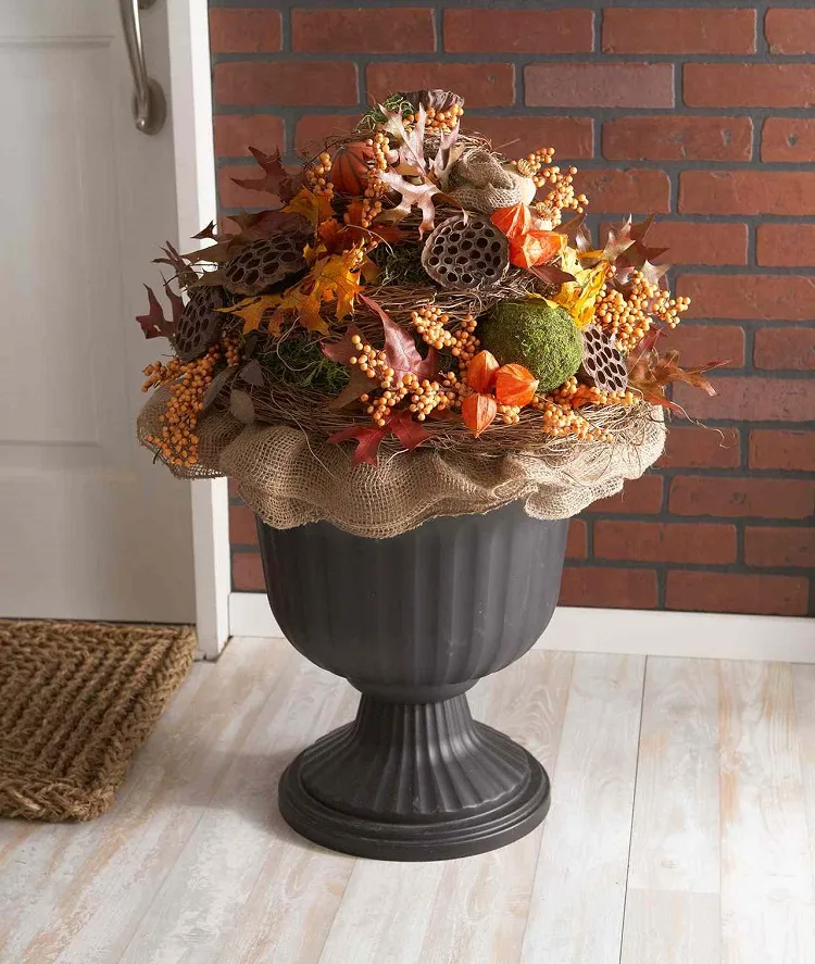 decorative outdoor fall plastic urn spanish moss burlap alrtificial leaves berries chinese lanterns