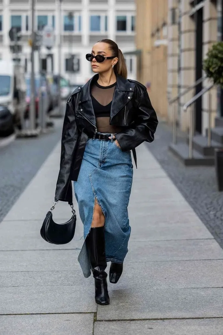 denim skirt with leather jacket styling