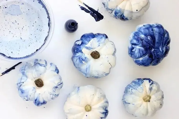 diy fall decoration easy to make indigo blue marble pumpkins