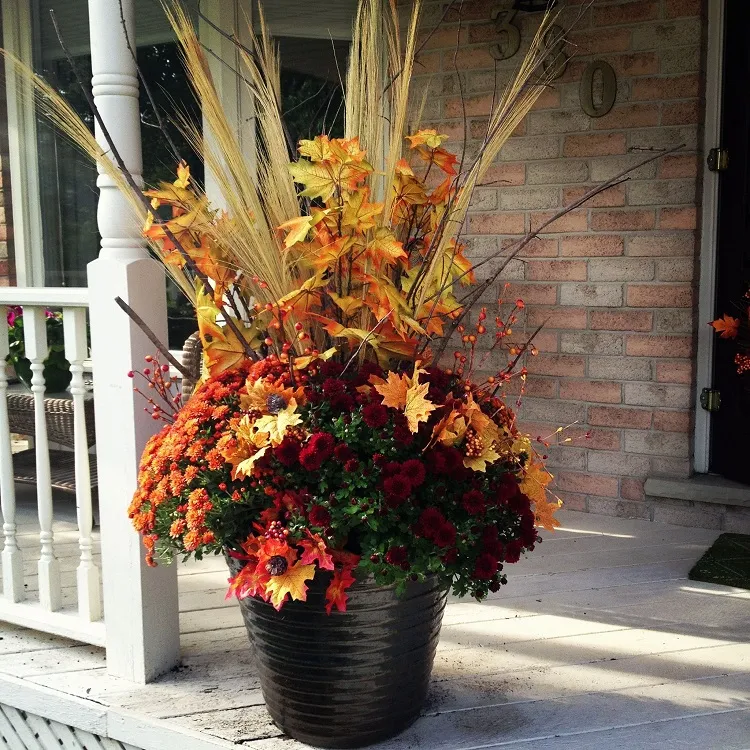 diy fall front porch flower planter mums brown leaves wheat